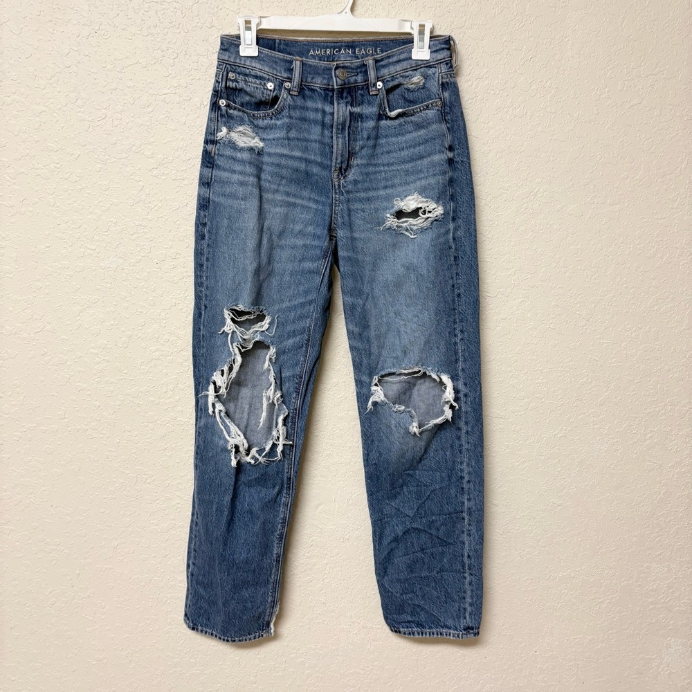 American Eagle Denim Blue Jeans Super High Rise Baggy Straight Size 0R Distress
